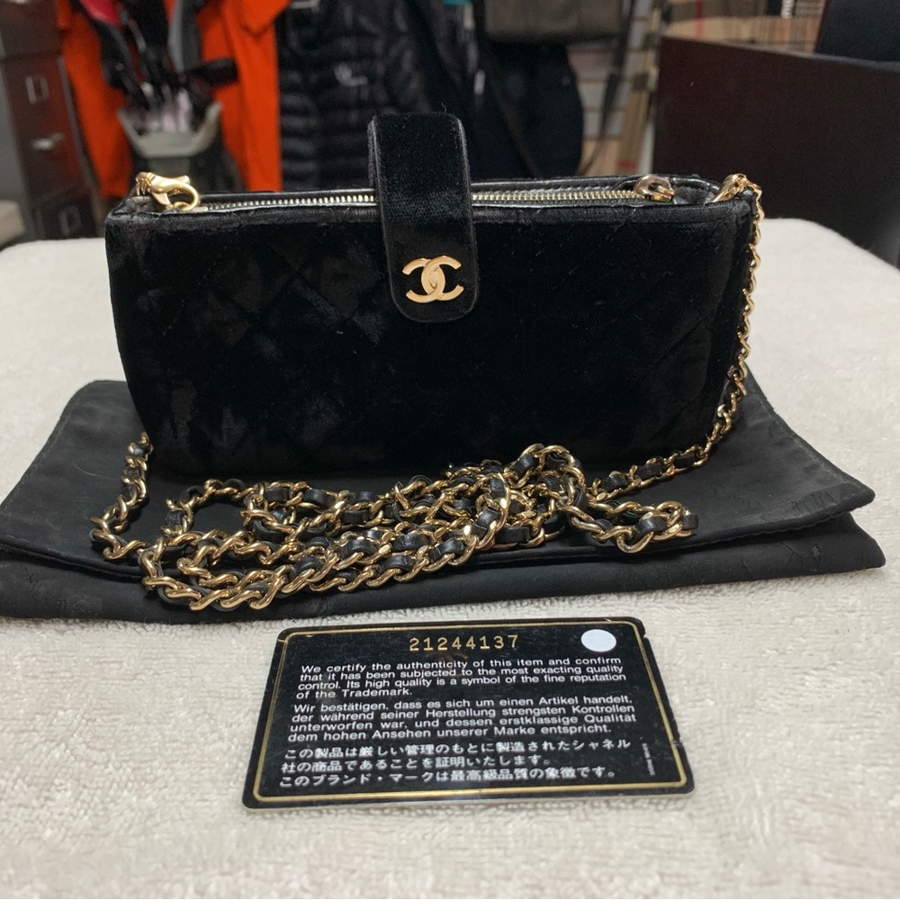 CHANEL Quilted Velvet Mini Phone Holder Bag